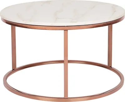 Produktbild von BELIANI Couchtisch Beige mit Kupfer 43 x 70 cm Edelstahl MDF Platte Metallgestell Marmor Optik Glänzend Rund Modern
