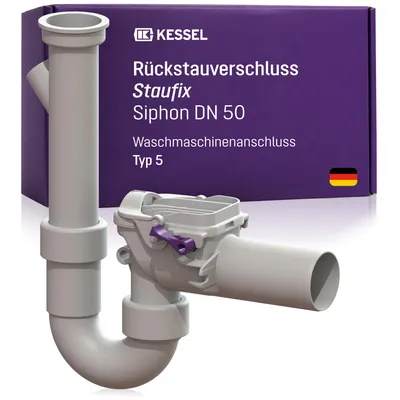 Produktbild von KESSEL Staufix Siphon DN 50 Typ 5 Rückstauverschluss Waschmaschine, 73052, Rückstausicherung für fäkalienfreies Abwasser, 2 Klappen + Notverschluss
