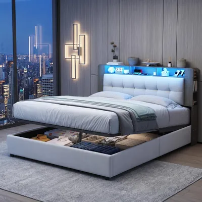 Produktbild von Stauraumbett Boxspringbett 140x200 cm mit kabelloser Ladestation,Bett mit Stauraum-Kopfteil, LED-Polsterbett Bettgestell mit Lattenrost, Samt, Beige