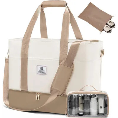 Produktbild von Reisetasche Damen mit Schuhfach, wasserdicht, Weekender, Kliniktasche, Handgepäck, 42L, Beige+Khaki
