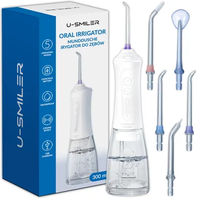 Produktbild von U-SMILER Munddusche Professionelle Elektrische Kabellose Irrigator mit 5 Düsen 5 Modi 300ml USB-C Wasserdicht Ideal für Zahnspangen und Implantate
