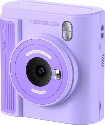 A close-up studio shot of a purple instant print camera.
