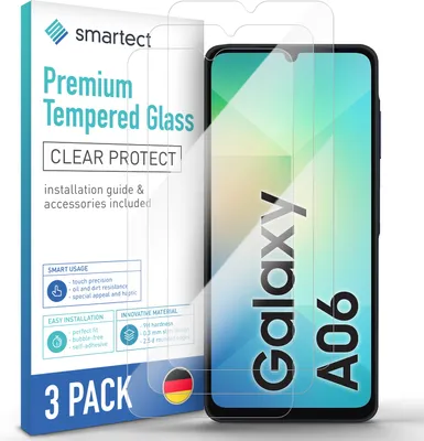 A product shot of a 3-pack of screen protectors for a Samsung Galaxy A06, with the packaging and one protector placed on the phone screen.
