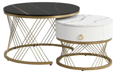 Produktbild von Couchtisch Set - 2-teiliges Wohnzimmertisch Set - Moderne Marmoroptik MDF - Goldenes Metallgestell - 70×70×45/50×50×40 cm - Für Wohnzimmer