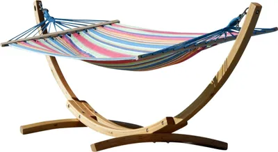 Produktbild von ALEOS. 320cm Hängemattengestell BLANCA-CALETA Hängematte mit Gestell aus Holz Lärche natur mit gestreifter Stabhängematte