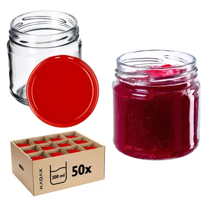 Zdjęcie produktu dla Słoiki do przetworów KADAX z pokrywką "Lerma", słoiki do przetworów, 200 ml, 50 sztuk, czerwona pokrywka