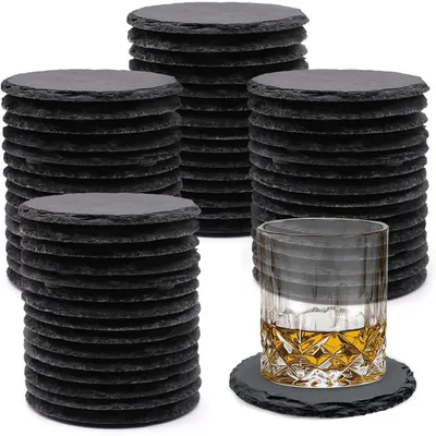 Productafbeelding van Zwarte, ronde onderzetters van slate, 60 stuks, diameter 10,2 cm, krasbestendig met een antislip onderkant