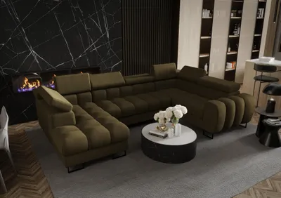 Produktbild von Wohnlandschaft Schlafsofa BASTIEN in Stoff Moly Dunkelgrün Ottomane Links