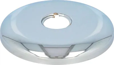 A chrome-plated escutcheon plate for plumbing.