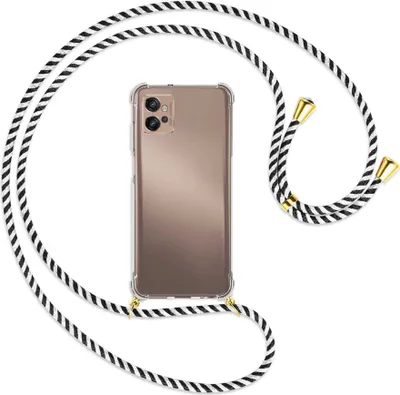 Produktbild von Handykette Backcover-Schutzhülle mit Band (Metall goldfarben) für Motorola Moto G32 (6.5'') - schwarz/weiß gestreift