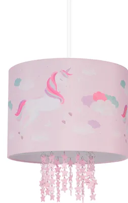 Obrázok produktu pre Relaxdays Zavesená lampa do detskej izby, tienidlo s motívom jednorožca, VxŠ: 158 x 35 cm, E27, zavesená lampa pre deti, ružová