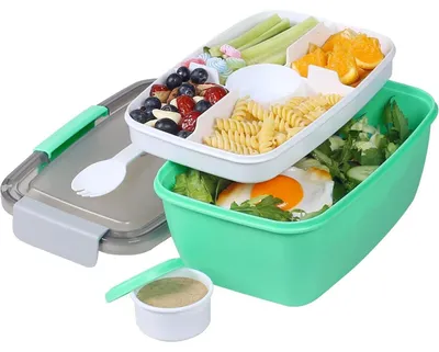 Produktbild von Salatbehälter mit 5 Fächern, 2L, auslaufsicher, Bento Box, grün, PP, spülmaschinen- & mikrowellenfest