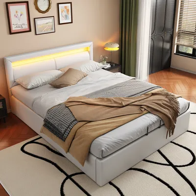Produktbild von MODFU Polsterbett Hydraulisches Boxspringbett 140x200cm mit Bettkasten und LED-Beleuchtung, Doppelbett aus Kunstleder mit Lattenrost, (Ohne Matratze), Weiß
