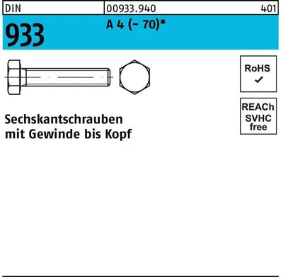 Zdjęcie produktu dla Śruba z łbem sześciokątnym DIN 933 VG M 10 x 170 A 4 (- 70)