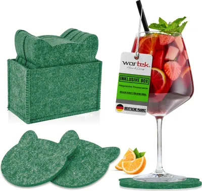 Produktbild von wortek Filz Untersetzer - Deko Tischset + Aufbewahrungsbox I für Gläser & Tisch, 10er Set I 10cm I Katze, Dunkelgrün