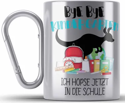 Produktbild von Trendation - Schulkind 2023 Einschulung Mädchen Junge Geschenk Schultüte Edelstahl Tasse Karabiner Schulstart 1. Schultag Schuleinführung Schulanfang Geschenkidee (Silber)