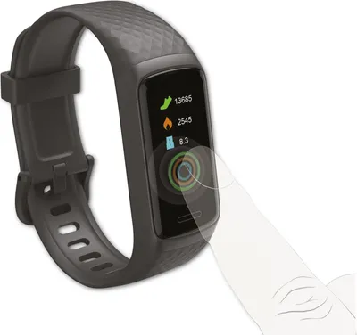 A black fitness tracker with a touch screen displaying fitness data, with a finger interacting with the screen.