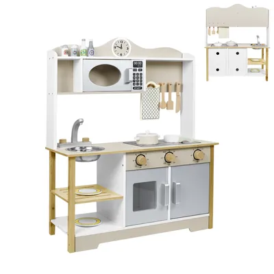 Produktbild von XMTECH Kinderkueche Holz, Spielküche , Kinderspielkueche, Holzkeuche fuer Kinder, Spielzeugkueche mit Mikrowelle, Wasserhahn, Herd, Schaltknoepfe