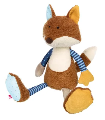 A stuffed toy fox sitting on a white background.