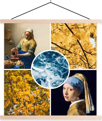 Produktbild von MuchoWow® Textilposter Vermeer - Collage - Kunst 120x120 cm mit holzfarbenen Rahmen - Textil-Poster