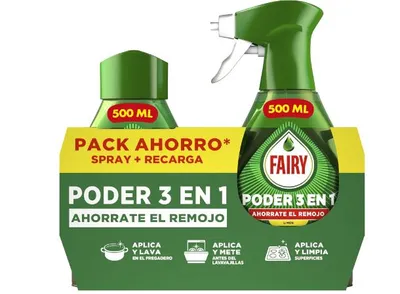 Produktbild von Fairy Poder 3 in 1 Zitrone 2x500ml Spray + Nachfüllung Spülmittel