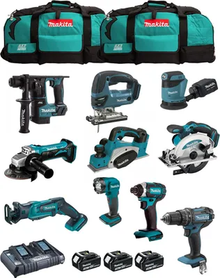 A collection of Makita power tools and accessories.