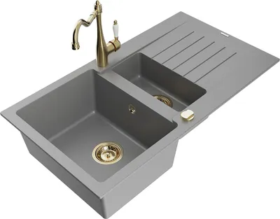 Produktbild von Mexen Matias 1,5-Becken-Granitspüle mit Abtropffläche und Mischbatterie Carla, Grau - 6502-71-670700-50