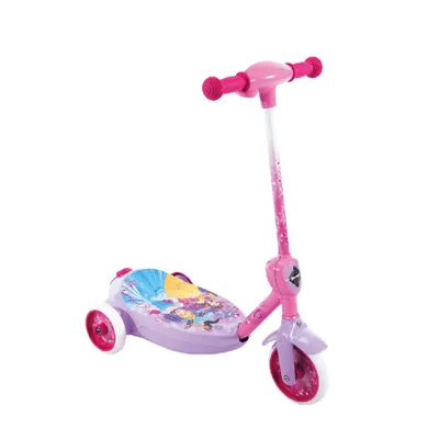 A pink and purple three-wheeled scooter with Disney Princess characters on the deck, isolated on a white background.