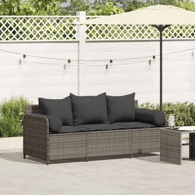 Produktbild von Gartensofa mit Kissen 3-Sitzer Grau Poly Rattan, Gartensofas DesignMöbel