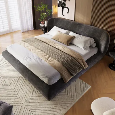 Image de Lit Flieks 160x200 cm avec tête de lit, lit double pour adolescents avec sommier à lattes, lit classique en bois avec revêtement en velours, couleur gris