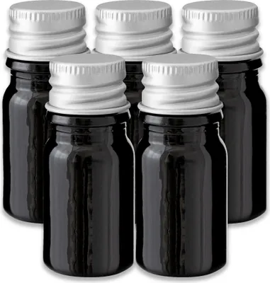 Produktbild von 5x Glasflasche schwarz 5 ml mit silbernem Aluminium Schraubverschluss