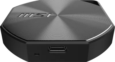 A black MSI external SSD is shown from a slightly elevated front-facing angle against a white background.