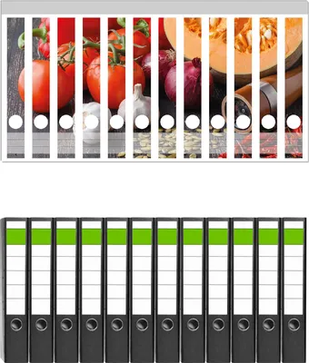 Produktbild von Wallario 12 Stück schmale Ordner inkl. Klebeetiketten mit Motive Kürbissuppe - Zutaten mit Tomaten, Knoblauch, Zwiebeln und Pfeffer -  Set mit Rückenschildern / Ordnerrücken Stickern