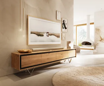 Produktbild von DELIFE Lowboard Stonegrace 200 cm Eiche Natur 4 Türen Steinfurnier V-Fuß Edelstahl