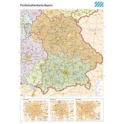 Produktbild von GeoMetro Regional-Karte Bayern Postleitzahlen PLZ (100 x 140 cm)