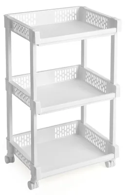 Image de Chariot en plastique, chariot multifonctionnel pour la cuisine, le bureau ou la salle de bains, blanc, avec 3 étagères, hauteur 61 cm KSC03WT