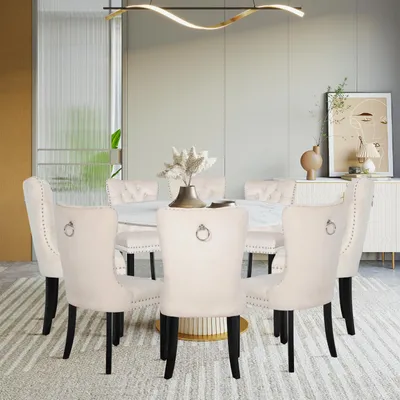 Produktbild von Puluomis Esszimmerstühle 8er sets Samt Stuhl Küchenstuhl Polsterstuhl Esszimmer Sessel mit Massive Holzbeine und Nagelkopf Grau, Elegant, Edel Beige