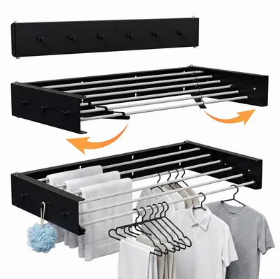 Image de Support mural pliable pour le séchage du linge, ISOISL, 100 cm, séchoir mural résistant aux intempéries pour balcon, terrasse et intérieur, revêtement anti-rouille, 6 barres, capacité de charge de 30 kg, couleur noire