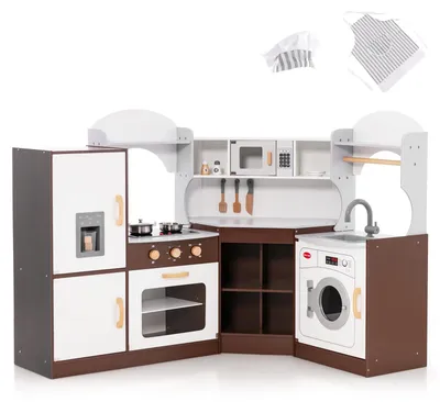 Productafbeelding van Keuken voor kinderen met licht en geluid. Houten hoekkeuken met fornuis, spoelbak, oven, wasmachine. Speelkeuken met 14 accessoires voor kinderen, bruin