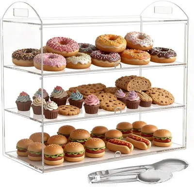 Imagen del producto de Vitrina de tres niveles para panadería, con asa, de 59,9 x 30 x 47,2 cm. Mostrador, expositor comercial para pastelería, caja de acrílico transparente para postres y donas
