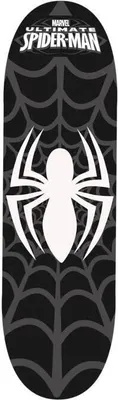 A skateboard deck with a Spider-Man theme.