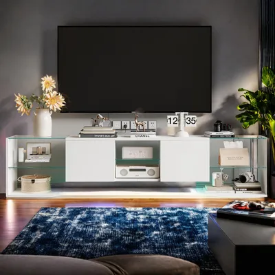 Immagine prodotto di Porta TV a LED, Tavolo TV da 200 cm, Porta TV con portaoggetti a LED, Tavolo TV da soggiorno con portaoggetti, Bianco