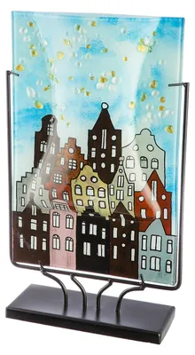 Produktbild von Casablanca Glasart, Vase, rechteckig, "Stadtlichter", Hausmotiv, Glas, Metall, grau, hellblau, schwarz, , L. 10 cm, B. 27 cm, H. 45 cm 55530