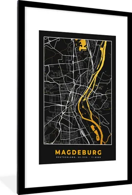 Produktbild von MuchoWow® Gerahmtes Poster Madgeburg - Gold - Karte - Stadtplan - Deutschland 60x90 cm - Poster mit Schwarzem Bilderrahmen Wandposter Rahmen Foto Bilder - Dekoration - Wandposter Wohnzimmer - Hochwertig