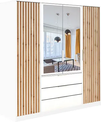 Obrázek produktu pro Šatní skříň se závěsnými dveřmi Nancy LUX D4, 4dveřová šatní skříň se 2 zrcadly, moderní šatní skříň, rozměry skříně: 196 x 200 x 57,5 cm