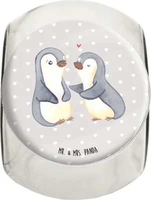 Produktbild von Mr. & Mrs. Panda Lebensmittelbehälter Pinguine trösten L 870ml - Grau Pastell - Geschenk, Hocheitstag, für Partner, Vorratsglas, schraubglas, Bonboniere, Freund, Freundin