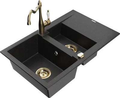 Produktbild von Mexen Gaspar 1,5-Becken-Granitspüle mit Abtropffläche und Mischbatterie Carla Schwarz/Silbermetallic - 6507-73-670700-50