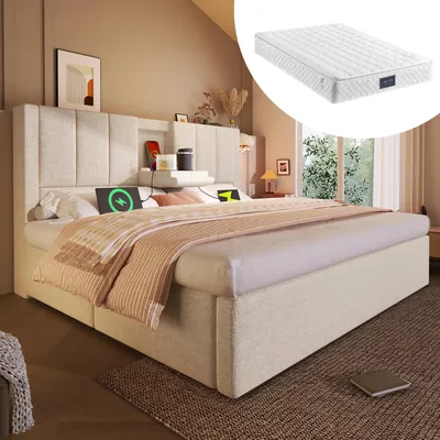 Produktbild von okwish Polsterbett 140x200 Doppelbett mit versteckter Becherhalter und Ladestation,Bettgestell mit Hydrauliksystem und Bettkasten,aus Leinen,Beige (mit Matratze)