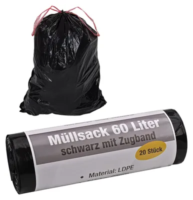 KesTek Müllsäcke Abfallsäcke Müllbeutel Zugbandbeutel 60L 20 Stück LDPE 25µm Schwarz 4066986405693 409510 40569KT