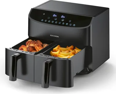 Produktbild von Rachs KOCHWERK Doppelkammer Heißluftfritteuse 7L | Digitaler Airfryer mit Touchscreen, 10 Programmen & 2x 3,5L Fächer | Frittieren von Speisen ohne Öl - fettarm | Smart-Cook Funktion | 2400W, Schwarz